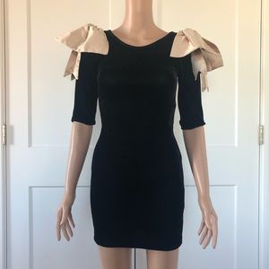 ASOS Paprika Black Velvet Mini Dress Oversized Large Beige Bows XS 0